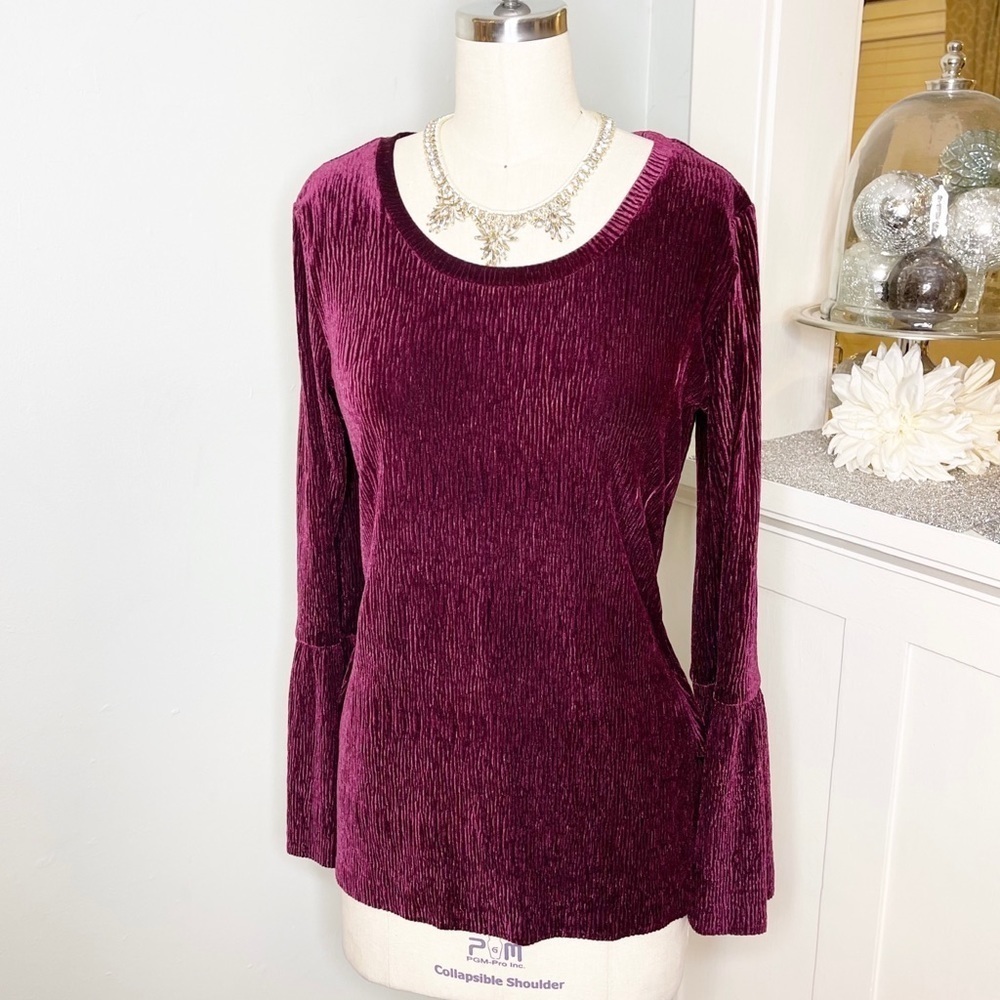 Tribal Burgundy Velvet Scoop Neck Bell Sleeve Stretchy Top Medium - Picture 3 of 13
